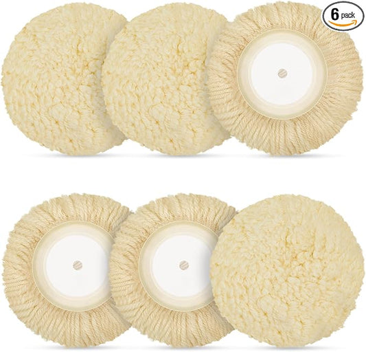 Tallew 6 Pcs 5 Inch Wool Polishing Pad Hook Loop Buffing Pad for Drill Curved Edge Compound Cutting Tool Drill Polisher Attachment Wheel Polish Kit Car Body Repair Buffing