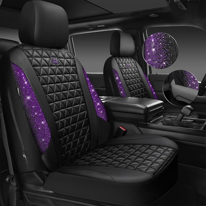 CAR PASS Bling Diamond Leather Car Seat Covers Full Seats Interior Sets, Waterproof Shining Glitter Sparkly Crystal Universal Armrest Fit Automotive Truck SUV Cute Women Girl, Black Purple Rhinestone