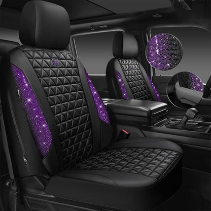 CAR PASS Bling Diamond Leather Car Seat Covers Full Seats Interior Sets, Waterproof Shining Glitter Sparkly Crystal Universal Armrest Fit Automotive Truck SUV Cute Women Girl, Black Purple Rhinestone