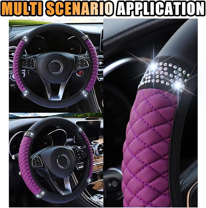 Bling Soft Leather Steering Wheel Cover, 15 Inch Colorful Rhinestones Auto Elastic Protector with Crystal Diamond for Women Girls, Car Accessories for Most Cars, SUVs (Purple)