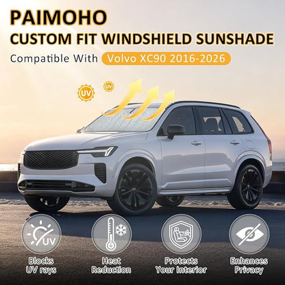 Thickened Windshield Sun Shade for Volvo XC90 2016-2026 | Accordion Front Window Sunshade Aluminum Reflective UV Protection Shield, Foldable Sun Visor with Storage Bag Car accessories