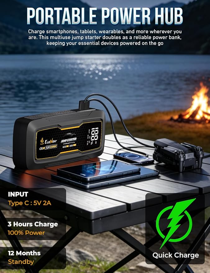 EcoNour 2500A Portable Jump Starter for Car | 12V Lithium Jump Box for 8.5L Gas and 8.5L Diesel Engines | Car Jump Starter - LCD Display, Emergency Flashlight and Jumper Cables
