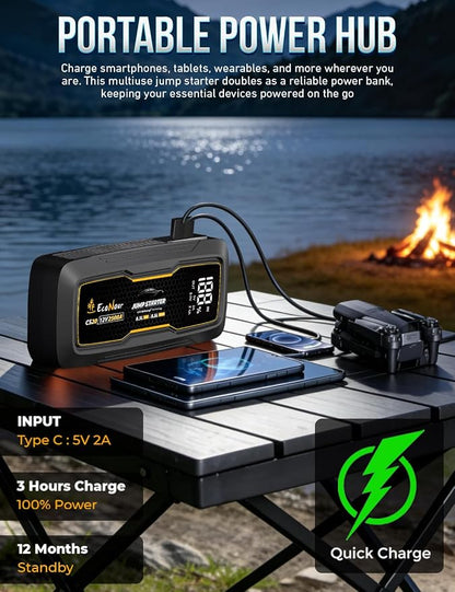 EcoNour 2500A Portable Jump Starter for Car | 12V Lithium Jump Box for 8.5L Gas and 8.5L Diesel Engines | Car Jump Starter - LCD Display, Emergency Flashlight and Jumper Cables