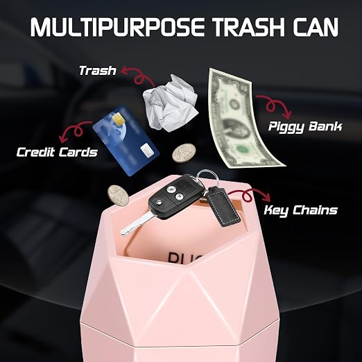 Car Trash Can with Lid, Mini Car Trash Cup with 30 Additional Trash Bags, Car Accessories for Interior, Leakproof Vehicle Garbage Bin for Car, Home, Office - 2 Packs, Pink