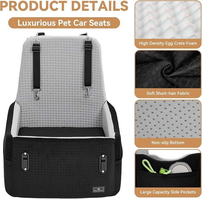 PETSFIT Dog Car Seat for Small/Medium Dogs Up to 35 lbs – Patented Safety System, 5" Memory Foam Pet Booster Car Seat, Fully Detachable and Washable Dog Carseat with 2 Storage Pockets (Black & Grey)