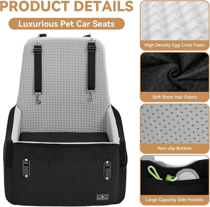 PETSFIT Dog Car Seat for Small/Medium Dogs Up to 35 lbs – Patented Safety System, 5" Memory Foam Pet Booster Car Seat, Fully Detachable and Washable Dog Carseat with 2 Storage Pockets (Black & Grey)