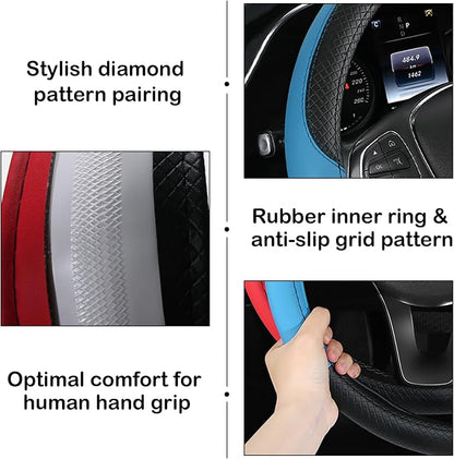 Leather Patchwork Black Blue Steering Wheel Cover, 14.5-15 Inch Non-Slip Breathable Microfiber Car Steering Wheel Protector