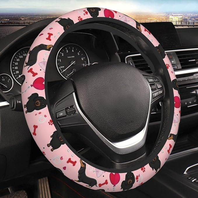 Car Steering Wheel Cover with Anti-Slip Lining, Universal 15 inch Wheel Cover, Fashion Car Interior Accessories for Women Men - Cute Pink Dachshund