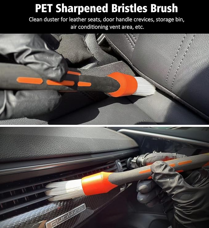 YeewayVeh 3pcs Car Detailing Brush Set, Boars Hair Detailing Brushes, Ultra Soft Detail Brush for Air Vent Leather Seat, Scratch Free Car Detailing Brushes for Interior Exterior, Orange