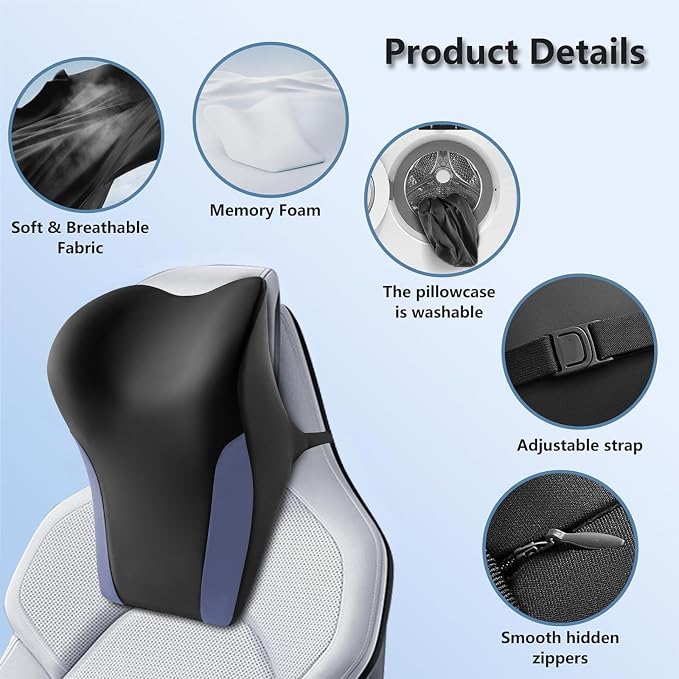 BABUR Car Neck Pillow for Driving Seat, Memory Foam Car Headrest Pillow, Ergonomic Neck Support, Breathable Removable Cover, Adjustable Strap, Pain Relief for Long Drives, Universal Fit | Blue