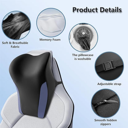 BABUR Car Neck Pillow for Driving Seat, Memory Foam Car Headrest Pillow, Ergonomic Neck Support, Breathable Removable Cover, Adjustable Strap, Pain Relief for Long Drives, Universal Fit | Blue