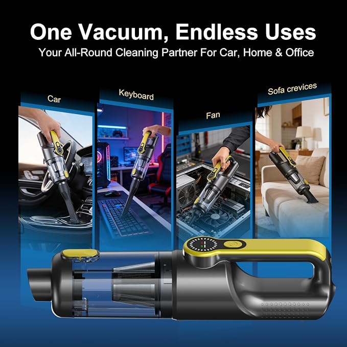 18000Pa Cordless Handheld Car Vacuum Cleaner – 35-Min Runtime, LED Light & LCD Screen, 2-in-1 Blower Function – Lightweight 1.1lb Portable Vacuum for Pet Hair, Home & Car Interior (Gold)