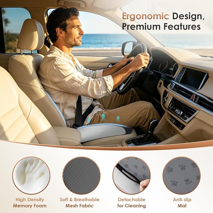 FLORICH Large Car Seat Cushion for Long Sitting, Ergonomic Memory Foam Driving Seat Cushion for Back & Sciatica Pain Relief, Non-Slip Washable Seat Cushion for Car, Driver, Office-Gray