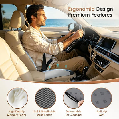 FLORICH Large Car Seat Cushion for Long Sitting, Ergonomic Memory Foam Driving Seat Cushion for Back & Sciatica Pain Relief, Non-Slip Washable Seat Cushion for Car, Driver, Office-Gray