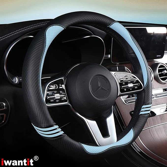 Iwantit® Cute Steering Wheel Cover for Women, Carbon Fiber&Breathable Pu Leather with Anti-Slip Rubber Ring, Steering Wheel Protector for Men, Universal Fit 14.5-15 inches for Cars,SUV (Cool Blue)