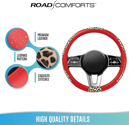 Road Comforts Steering Wheel Cover - Made with PVC Leather and Leopard Fabric - Universal 14 1/2 inches to 15 inches for Most Automotive Steering Wheel - Cheetah Print -Red