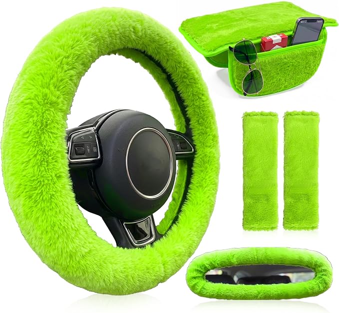 5 Pcs Fuzzy Green Car Accessories Set, Soft Fluffy Plush Steering Wheel Cover, Center Console Armrest Pad & Rearview Mirror Cover - Interior Decorations for Women,Universal Fit (Green)