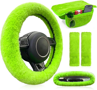 5 Pcs Fuzzy Green Car Accessories Set, Soft Fluffy Plush Steering Wheel Cover, Center Console Armrest Pad & Rearview Mirror Cover - Interior Decorations for Women,Universal Fit (Green)
