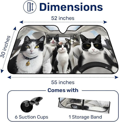 GENANY Family Cat Windshield Cover for Car SUV Truck (55x30 Inches), Foldable Heat Shield, Shades for Front Windows, Protector Blocks UV, Car Decor