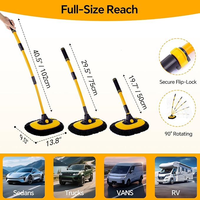 7-in-1 Car Wash Kit with 20L Collapsible Bucket, 15° Curved Mop with 40.5" Long Handle, 0.84mm Reinforced Aluminum Pole, Professional Car Cleaning Supplies for SUV, Trucks & RVs-Yellow.