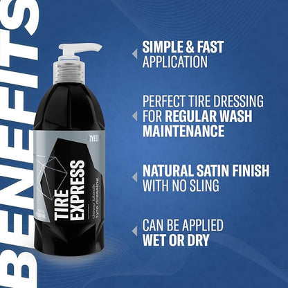 Gyeon Tire Express Satin‑Finish Tire Dressing Water Based UV Protection Self‑Cleaning Liquid, Long Lasting Factory‑Fresh Look Easy Wet Or Dry Application Deep Natural Tire Revitalizer, Exterior Use