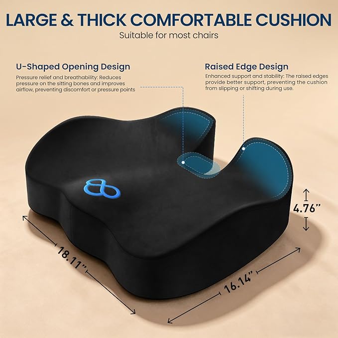 BlissTrends Seat Cushion with Velvet Cover, Thick Memory Foam Cushions for Office Chair, Car Seat, Airplane, Relieving Pressure Tailbone Sciatica Back Pain for Long Sitting, Car Drivers 4.7in Black