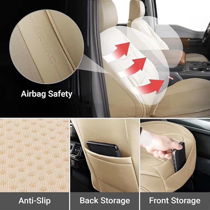 Coverland Custom Truck Car Seat Covers Front Seats for [2017-2022 Ford F250 F350 F450 Super Duty SuperCrew Cab Front Bucket Seats Rear 40/60 Bench w/Armrest] - Waterproof Seat Protector [Front-Beige]