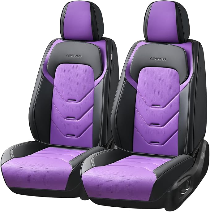 Coverado Car Seat Covers, 2 PCS Front Seat Covers, Black&Purple Leather Seat Cover for Car, Waterproof Car Seat Protector, Automotive Seat Cover Car Seat Cushion Universal Fit for Most Sedan SUV Truck