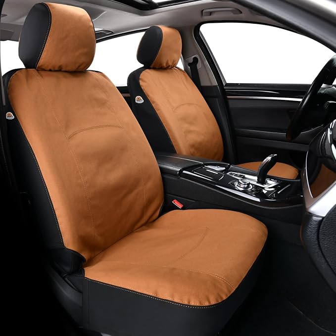 Coverado Car Seat Covers Front, Canvas Universal Seat Covers for Cars, 2-Pack Car Seat Cushions, Auto Seats Protectors for Kids & Dogs, Driver Seat Covers Fit for Most Vehicles Trucks SUVs/Khaki