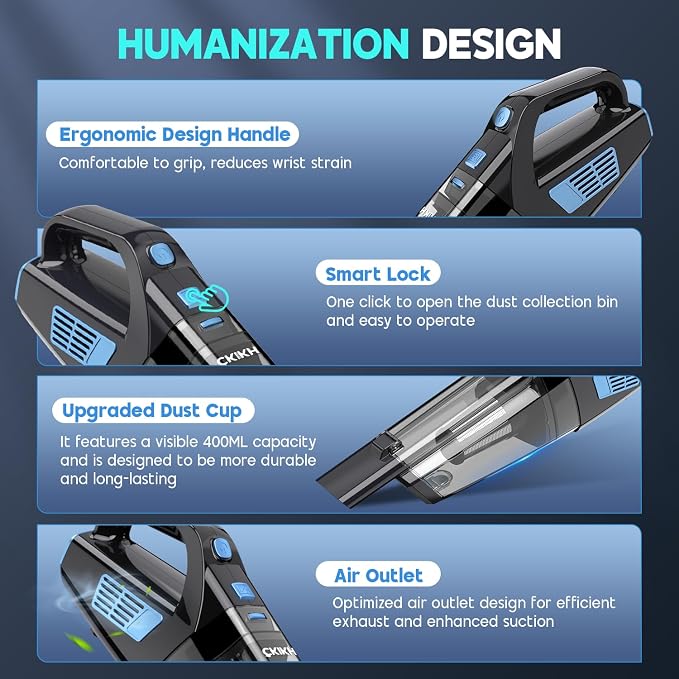 CKIKH Handheld Vacuum Cordless, 15000PA Strong Suction Hand Held Car Vacuum Cleaner Portable with Multi-Nozzles & Washable Filter, Lightweight Rechargeable Vacuum Cleaner for Home, Car, Office, Pets