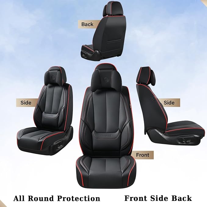 Coverado Universal Seat Covers Front, 2-Pack Universal Seat Covers for Cars, Waterproof Nappa Leather Car Seat Covers with Head Pillow, Auto Protectors Fit for Most Sedans Pick-up Truck-Black&Redline