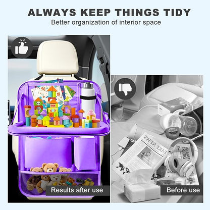2Pack Car Backseat Organizer with Foldable Table Tray,6 Storage Pockets Car Storage Organizer with Tablet Holder,Car Seat Back Protectors Kick Mats Travel Accessories (Purple)