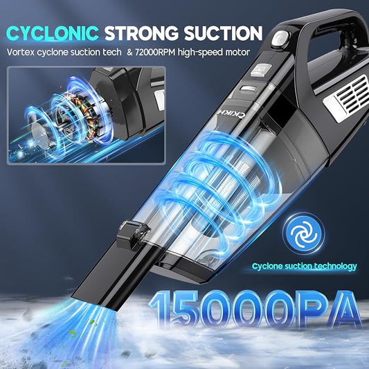 CKIKH Handheld Vacuum Cordless, 15000PA Strong Suction Hand Held Car Vacuum Cleaner Portable with Multi-Nozzles & Washable Filter, Lightweight Rechargeable Vacuum Cleaner for Home, Car, Office, Pets