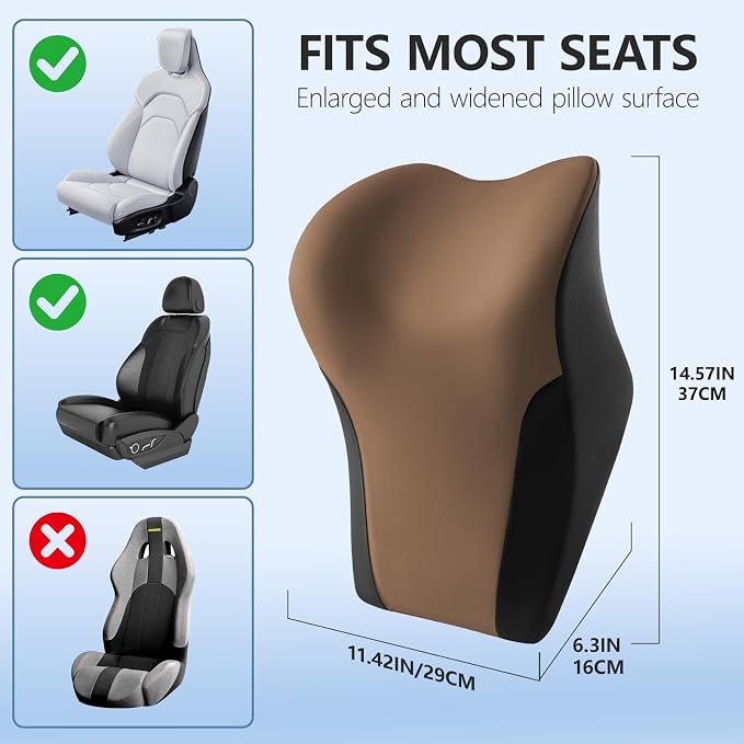 BABUR Car Neck Pillow for Driving Seat, Memory Foam Car Headrest Pillow, Ergonomic Neck Support, Breathable Removable Cover, Adjustable Strap, Pain Relief for Long Drives, Universal Fit | Brown