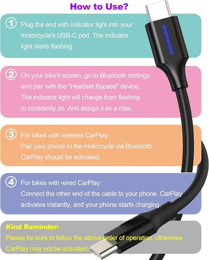 2-in-1 C to C Bypass Motorcycle CarPlay Bluetooth Headset Cable | 1.64Ft,Activate CarPlay Without Headset,Support Charging,Fit for Harley Road Glid/Street Glide2024-2026,Goldwing 2025-2026