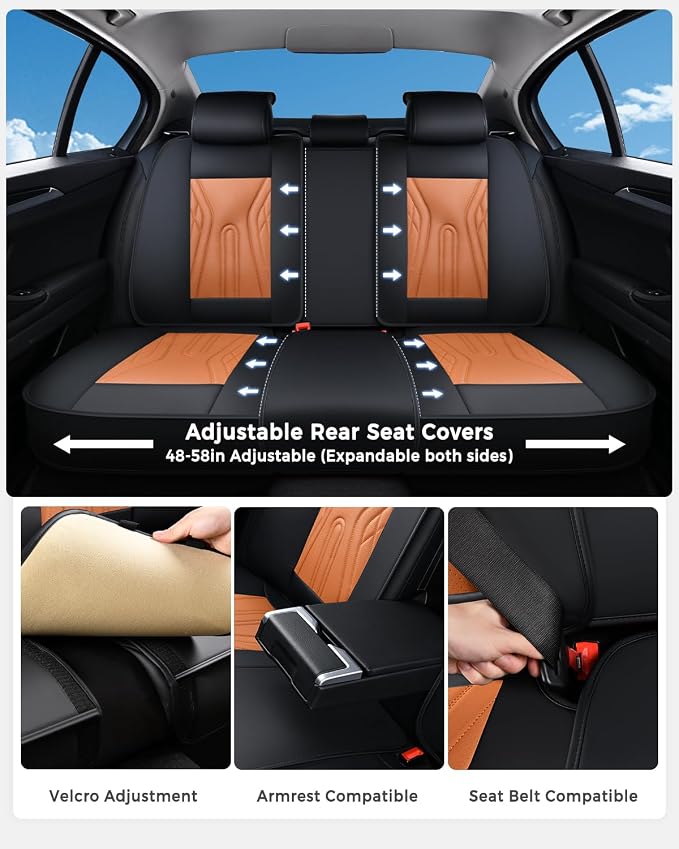 Huidasource Car Seat Covers Full Set, Universal Fit for Most Cars SUV Trucks, Full Coverage Nappa Leather Seat Cover, Airbag, Cupholder Compatible, Velcro Adjustable,Seat Function Retain, Black&Brown