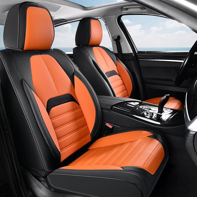 Coverado Waterproof Nappa Leather Car Seat Covers, Automotive Seat Covers，Front Car Seat Cushion & Car Seat Protector, Seat Covers Universal Fit for Most Cars, SUVs,Trucks,Black&Orange