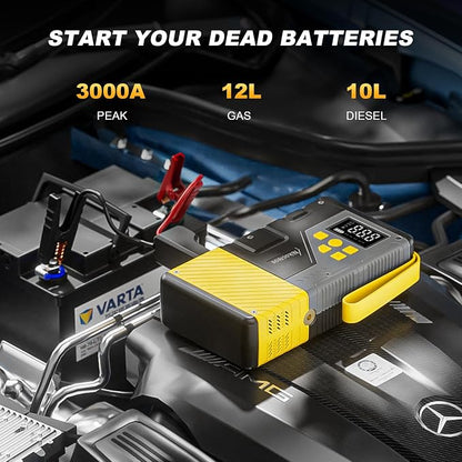 Portable Car Jump Starter with Air Compressor for Emergencies,3000A Peak and 150 PSI Max,for 12L Gas & 10L Diesel Engines,LCD Display,LED Light