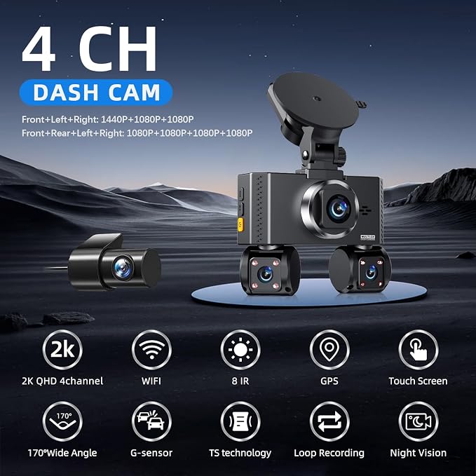 360° View 4 Channel Dash Cam Front and Rear, Dash Camera for Car with 3.16" IPS Touch Screen, 8 IR Night Vision, 5G WiFi&GPS,APP Control, G-Sensor, Loop Recording, Parking Mode, 64GB Card