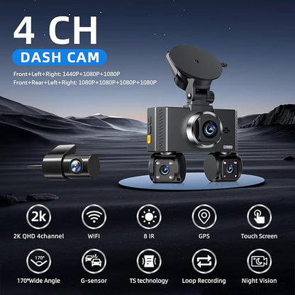 360° View 4 Channel Dash Cam Front and Rear, Dash Camera for Car with 3.16" IPS Touch Screen, 8 IR Night Vision, 5G WiFi&GPS,APP Control, G-Sensor, Loop Recording, Parking Mode, 64GB Card