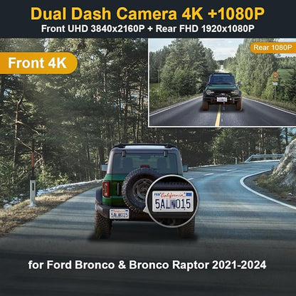 Fitcamx 2160P+Rear 1080P Dash Cam Adapts for Ford Bronco & Rapor 2021-2024 (Not for Bronco Sport) HD2-14873, OEM Look, Dual HD Video, WiFi & APP, Loop Recording, G-Sensor, Easy to Use, 128GB Card