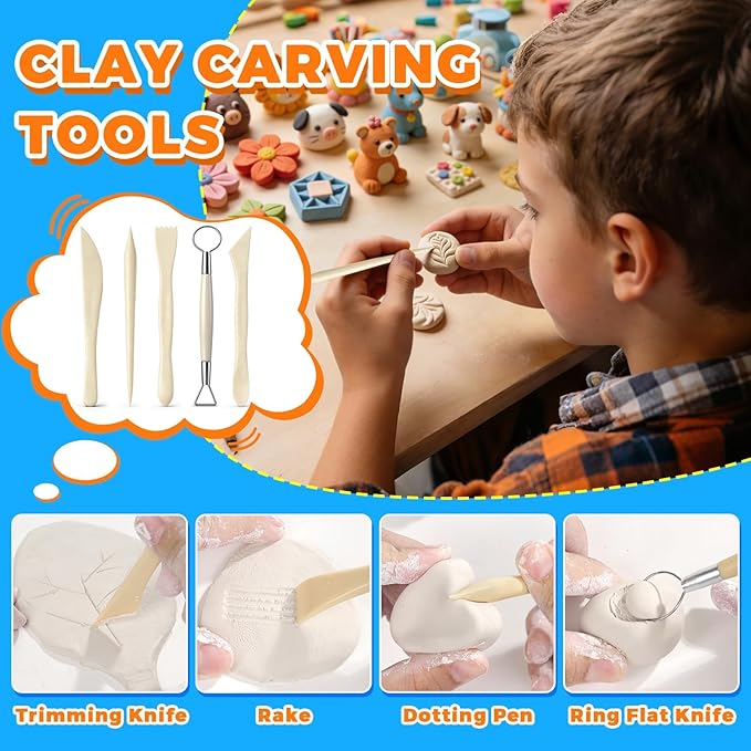 3.4FL OZ Air Dry Clay Glaze & 25pcs Tool Kit, Gloss Clay Varnish Protective Sealant to Prevent Cracking, Scratching & Wear - Pottery Tools for Stippling, Carving, Molding & Shaping Clay Crafts (Gloss)