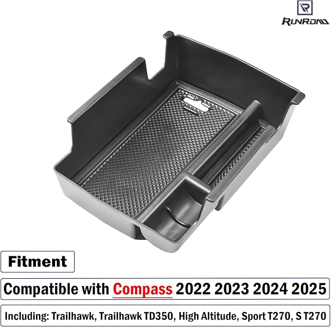 RUNROAD Center Console Organizer Tray Compatible with Jeep Compass 2022 2023 2024 2025 Accessories, Armrest Tray Secondary Storage Box Insert Console Organizer Card Container, Black (NOT For Ltd)