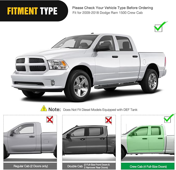 Nilight Running Boards for 2009-2018 Dodge Ram 1500 Crew Cab 2010-2024 Ram 2500 3500 4 Full Size Doors 6 Inch Side Step Nerf Bars Black
