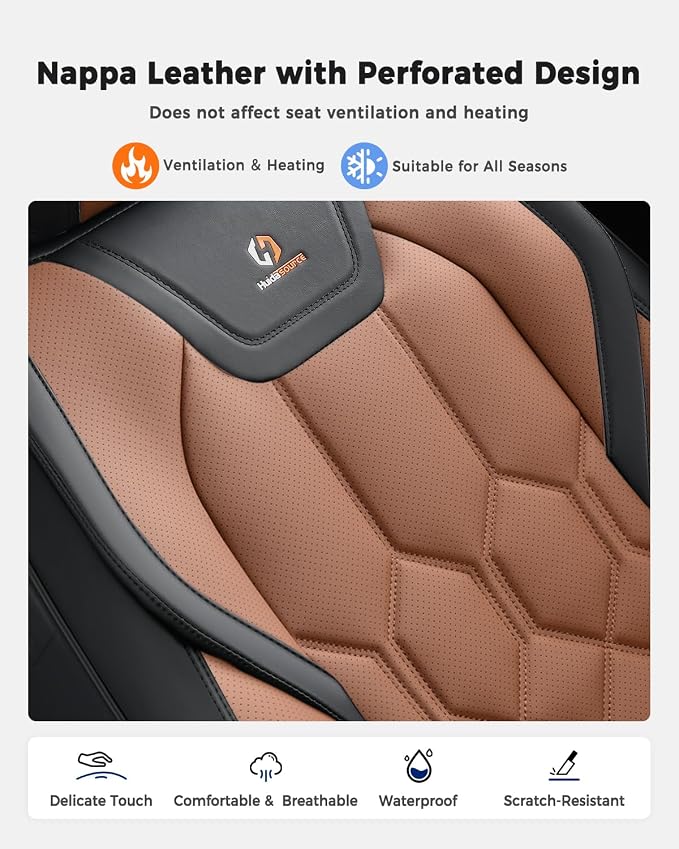 Huidasource Front Seat Covers, Universal Fit for Most Cars SUV Trucks, Full Coverage Leather Seat Cover, Airbag Compatble, Seat Function Retain, Storage Pocket Design, Easy to Install, Black & Brown