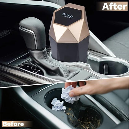 BFXM Car Trash Can, Car Trash Bin with Lid, Car Accessories for Women Interior, Car Garbage Can with Additional 2 ABS Hooks and 60pcs Trash Bags, Suitable for Home, Office, Car Organizer, Gold