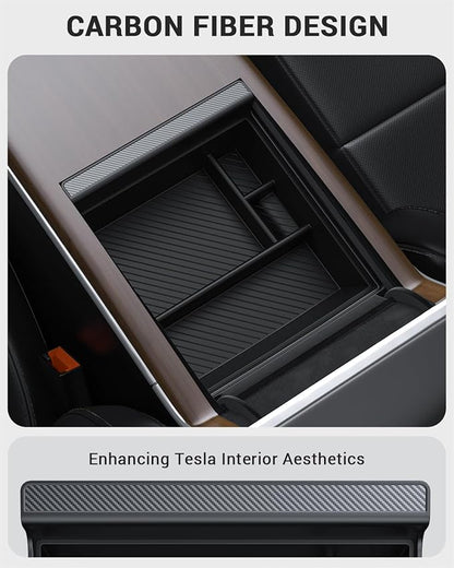 BASENOR 2026-2022 Tesla Model S Model X Center Console Organizer Tray(Carbon Edition), Armrest Storage Box for Model X/S Plaid/Long Range Refresh Console Accessories
