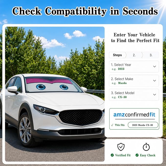 Car Windshield Sun Shade, Pink Cute Eyes Funny Car Sun Shade Universal Fits Sedan SUV Hatchback Compact Cars, UV Heat Protection - 59 x 27.5