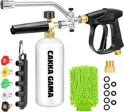 Foam Cannon Dual Connector for Pressure Washer, Industrial Car Wash Foam Gun Kit 1/4 Inch Quick Connector, Adjustable Soap Cannon with 5 Pressure Washer Nozzle Tips, Adapter, 1 Liter