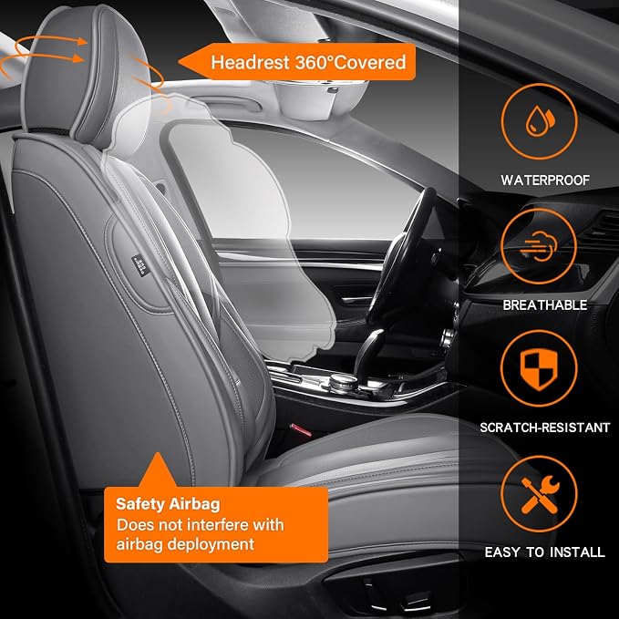 MINGBRON Front Car Seat Covers, Leather Car Seat Covers, Fit for Most Cars SUV and Most Sedan Grey